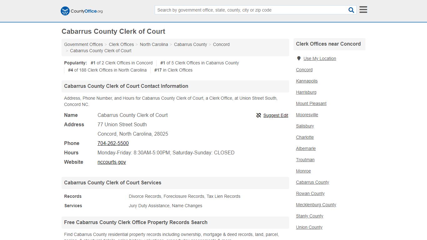 Cabarrus County Clerk of Court - Concord, NC (Address ... - County Office